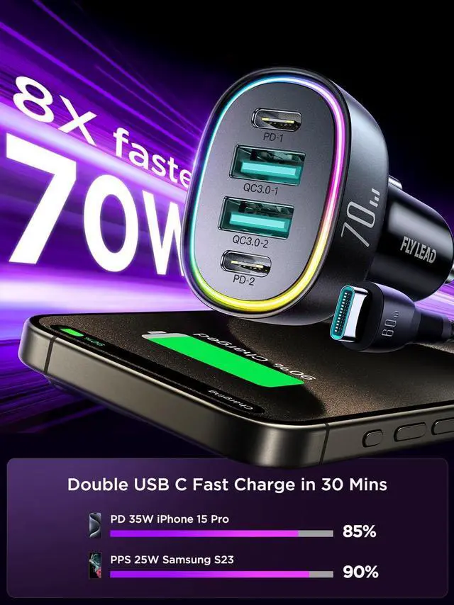 Alt view image 3 of 7 - 70W 4 Ports Car Charger [A Must for Family Travel] Super Fast USB C Car Charger Adapter for iPhone 16/15 Pro Max Plus  Galaxy S25