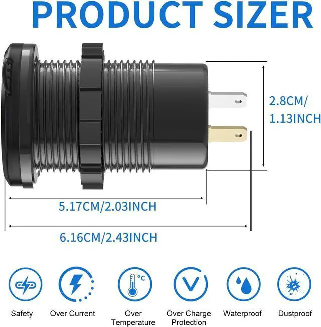 Alt view image 6 of 7 - 12V USB Outlet 3 Port Car Charger Socket 78W Dual PD USB C 30W and Quick Charge3.0 Port Aluminum Charger Waterproof with Voltmeter and Button Switch for Boat Marine Motorcycle RV Truck Golf Cart etc