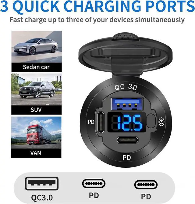 Alt view image 3 of 7 - 12V USB Outlet 3 Port Car Charger Socket 78W Dual PD USB C 30W and Quick Charge3.0 Port Aluminum Charger Waterproof with Voltmeter and Button Switch for Boat Marine Motorcycle RV Truck Golf Cart etc
