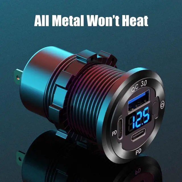Alt view image 2 of 7 - 12V USB Outlet 3 Port Car Charger Socket 78W Dual PD USB C 30W and Quick Charge3.0 Port Aluminum Charger Waterproof with Voltmeter and Button Switch for Boat Marine Motorcycle RV Truck Golf Cart etc