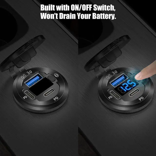 Alt view image 5 of 7 - 12V USB Outlet 3 Port Car Charger Socket 78W Dual PD USB C 30W and Quick Charge3.0 Port Aluminum Charger Waterproof with Voltmeter and Button Switch for Boat Marine Motorcycle RV Truck Golf Cart etc