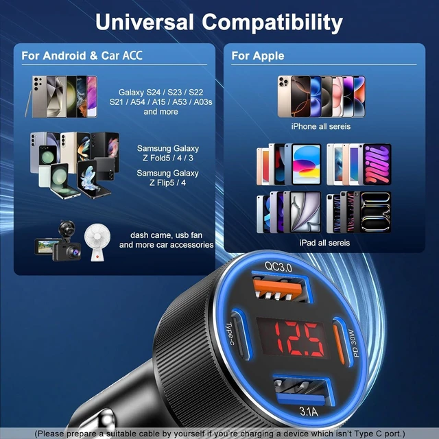 Alt view image 7 of 7 - Car Charger for iPhone 17 16 15 Pro Max 4-Port Cigarette Lighter Adapter USB C & USB A Car Phone Charger Fast Charging Voltmeter for Galaxy S25 S24 S23 A15 A54 Android 6ft USB C to C Cable