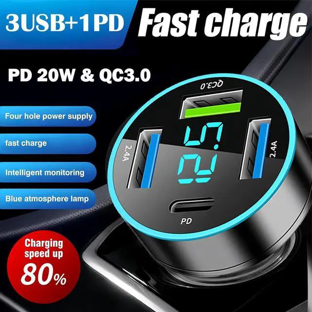 Alt view image 2 of 7 - USB Car Charger, USB C Car Charger Adapter with Voltmeter, 4 Port Type C Port PD/QC 3.0 Super Fast Charging Car Cigarette Lighter USB Charger Adapter for iPhone, iPad, Samsung Phone Tablets