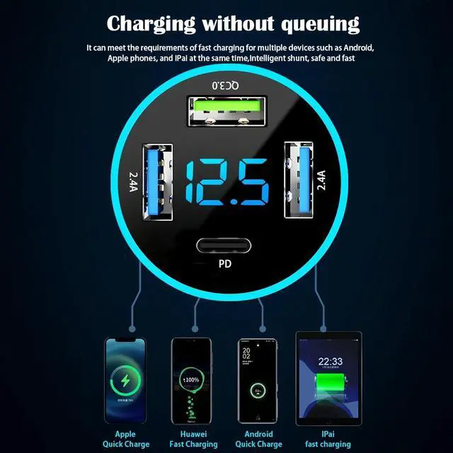 Alt view image 5 of 7 - USB Car Charger, USB C Car Charger Adapter with Voltmeter, 4 Port Type C Port PD/QC 3.0 Super Fast Charging Car Cigarette Lighter USB Charger Adapter for iPhone, iPad, Samsung Phone Tablets