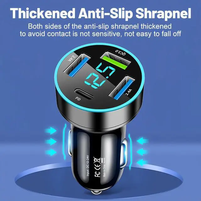 Alt view image 7 of 7 - Car Adapter 4 Port USB Car Charger with Voltage Display PD 3.0 & QC 3.0 Fast Charging for iPhone  iPad & Tablets