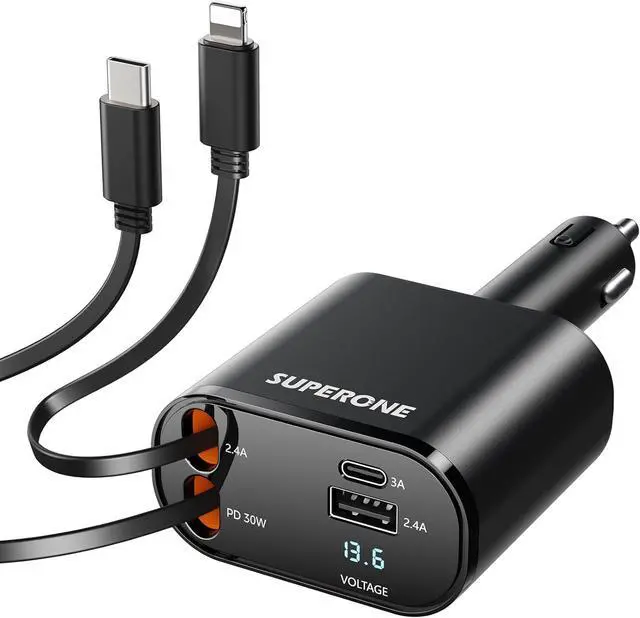 Main image of Retractable Car Charger 4 in 1 Fast Car Phone Charger Adapter with Type C &  Cords Compatible with iPhone 16/15/14/13/12/11 Galaxy Pixel