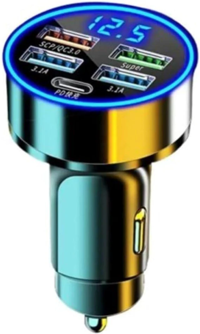 Main image of 120W 5-Port Car Charger with PD Fast Charging & LED Voltage Display USB C Cigarette Lighter Adapter (4 USB + 1 PD) for iPhone Android & Multiple Devices