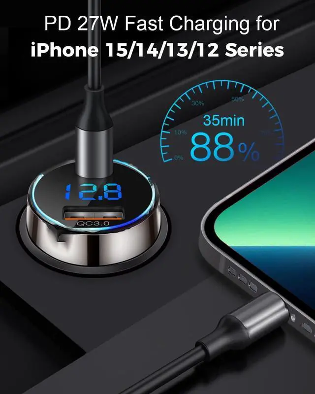Alt view image 2 of 7 - [Pure Copper] USB C Car Charger 45W Dual USB Car Charger Adapter with 27W/20W PD Port Fast QC3.0 LED Voltmeter for iPhone 15 14 13 Max/Pro/Plus/Mini Pixel 7/6/5  S22/21 More