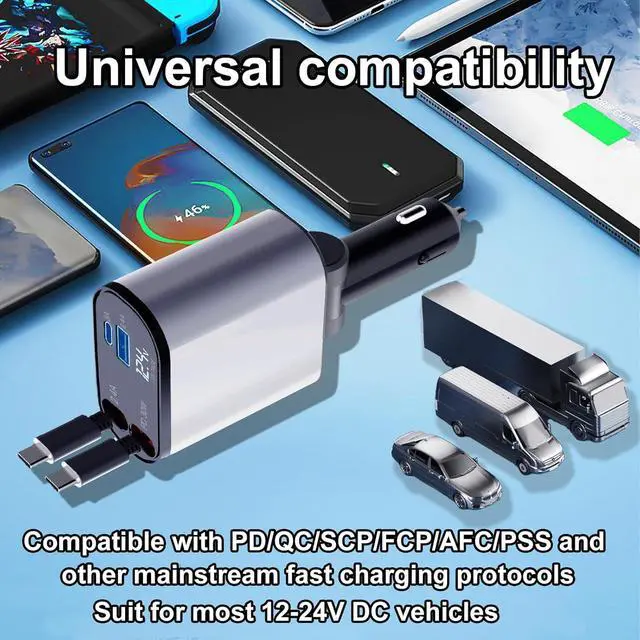 Alt view image 7 of 7 - Retractable Car Charger 4 in 1 USB C Fast Charger with Dual Type-C Cables (31.5 inch) and 2 Charging Ports with Voltage Display Compatible with iPhone 16/15 Pro Max Samsung Galaxy Note