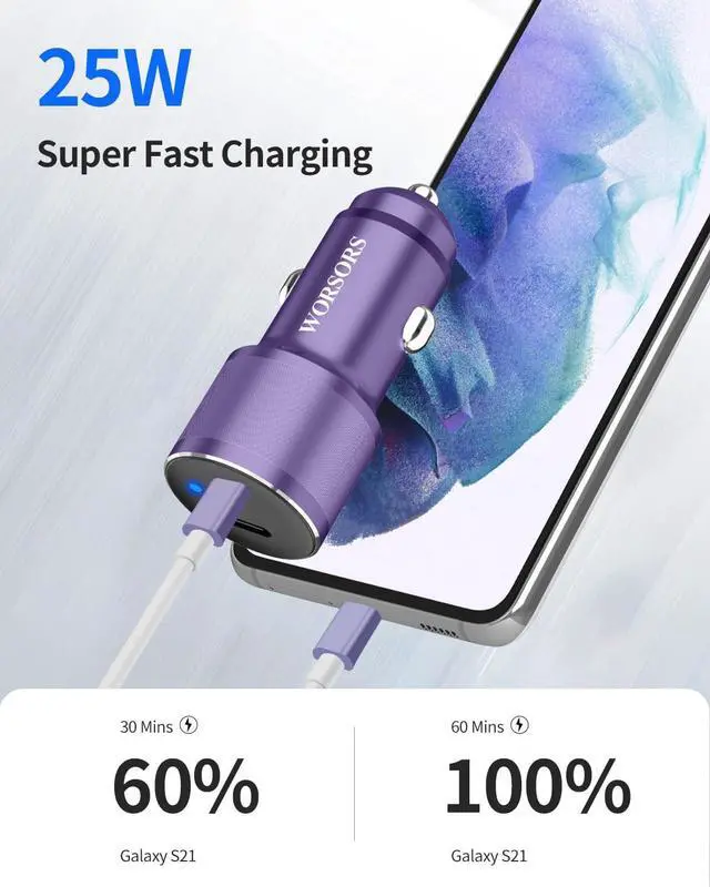 Alt view image 2 of 7 - Dual USB C Car Charger 60W PD (30W+30W) Super Fast Charging Adapter Metal for iPhone 16/15 Pro Max  Galaxy S25 Ultra/S25 Plus/S25/S24/S23 Note 20/10 iPad +2X Type C to C Cable 3.3Ft