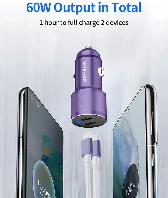 Alt view image 3 of 7 - Dual USB C Car Charger 60W PD (30W+30W) Super Fast Charging Adapter Metal for iPhone 16/15 Pro Max  Galaxy S25 Ultra/S25 Plus/S25/S24/S23 Note 20/10 iPad +2X Type C to C Cable 3.3Ft