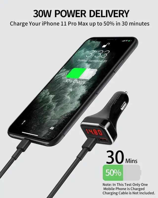 Alt view image 2 of 7 - USB C Car Charger Adapter with Volt Meter 30W Cigarette Lighter Adapter with Voltmeter Type C Car Charger Fast Charging 12V PD & QC 3.0 Compatible with iPhone 15 Pro Max  Galaxy S24