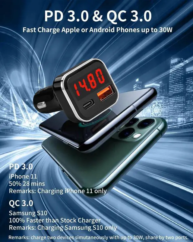 Alt view image 7 of 7 - USB C Car Charger Adapter with Volt Meter 30W Cigarette Lighter Adapter with Voltmeter Type C Car Charger Fast Charging 12V PD & QC 3.0 Compatible with iPhone 15 Pro Max  Galaxy S24