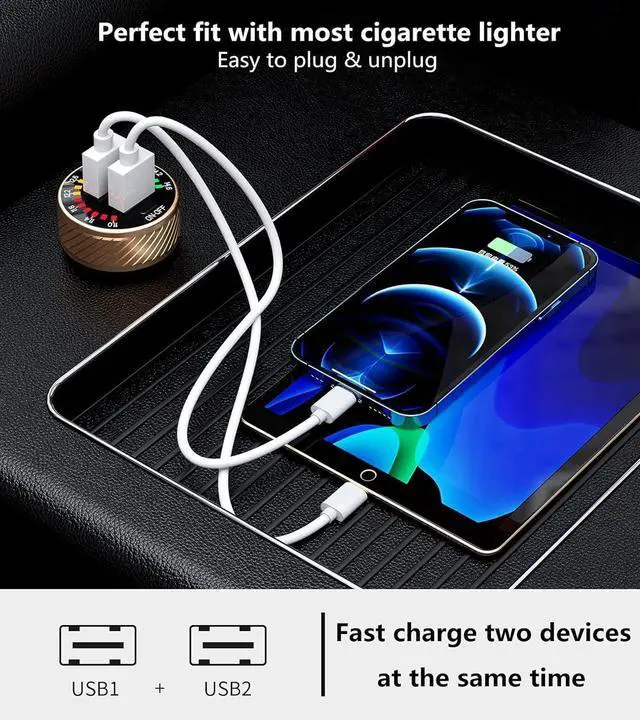 Alt view image 3 of 6 - Kewig Car Charger, 36W Fast Car Charger Adapter, Dual USB Car Fast Charge with Colorful Voltmeter & ON/Off Switch