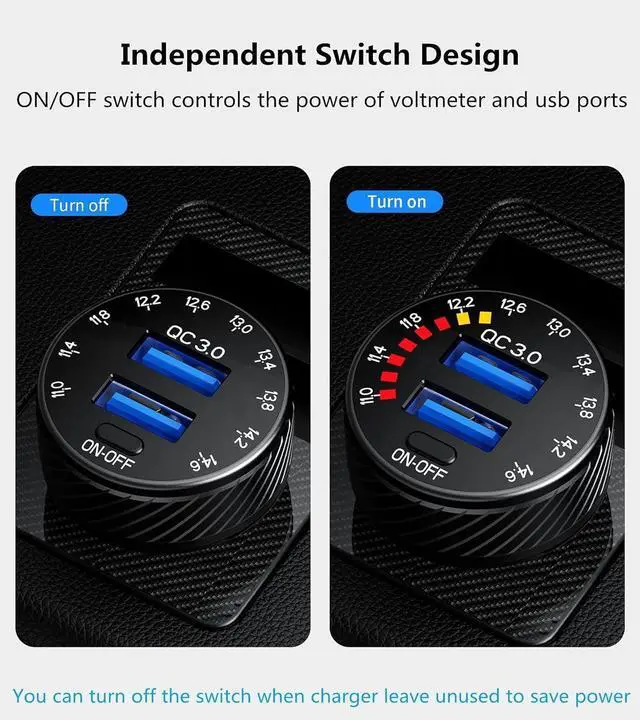 Alt view image 4 of 6 - Kewig Car Charger, 36W Fast Car Charger Adapter, Dual USB Car Fast Charge with Colorful Voltmeter & ON/Off Switch