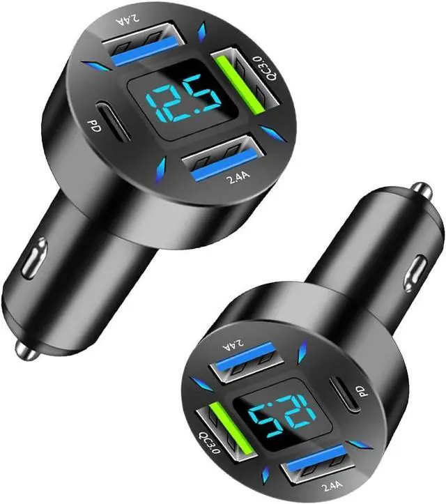 Main image of 2Pcs 4 Ports USB Car Charger USB Adapter with Voltmeter Type C Port PD 3.1/QC 3.0 Super Fast Charging Car Cigarette Lighter Plug for iPhone 14 13 12 S22 S21 S20 iPad Pro& More Mobil Phone (2Pcs-Black)