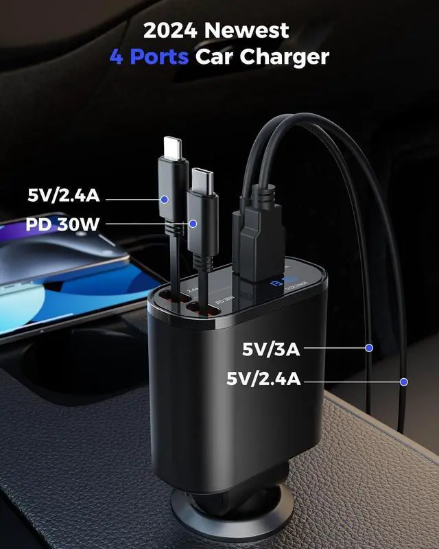 Alt view image 6 of 7 - Retractable Car Charger 4 in 1 Fast Car Phone Charger Adapter with Type C &  Cords Compatible with iPhone 16/15/14/13/12/11 Galaxy Pixel
