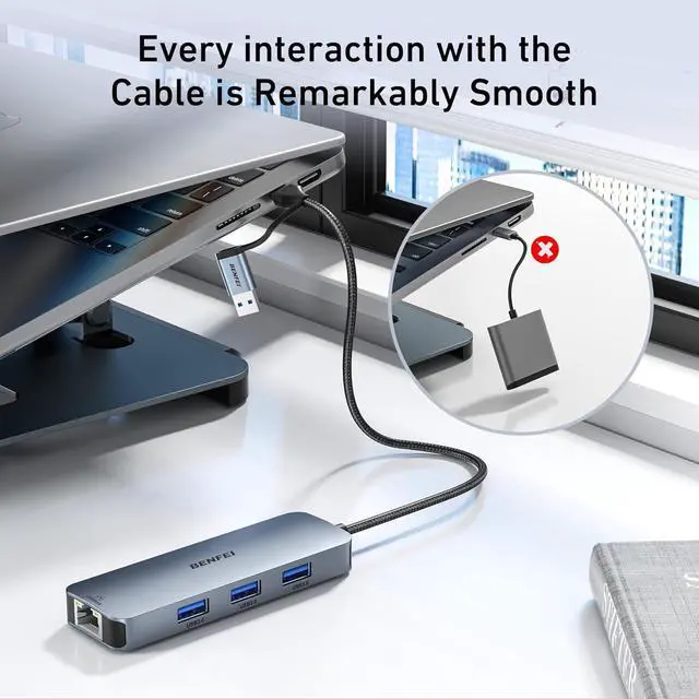 Alt view image 3 of 7 - USB-C USB 3.0 to Gigabit Ethernet Adapter 3-Port USB 3.0 Hub with RJ45 Compatible with MacBook Pro/Air 2023 iPad Pro iMac S23 XPS 17 Surface Book 3 and More