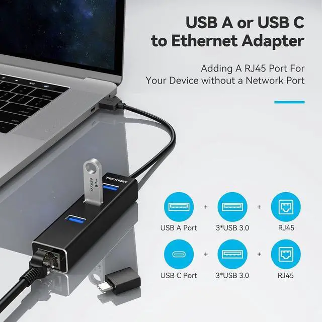 Alt view image 3 of 7 - USB C to Ethernet Aluminum 3 Port USB 3.0 Hub with RJ45 10/100/1000 Gigabit Ethernet Adapter Converter LAN Wired Network Adapter for Laptop
