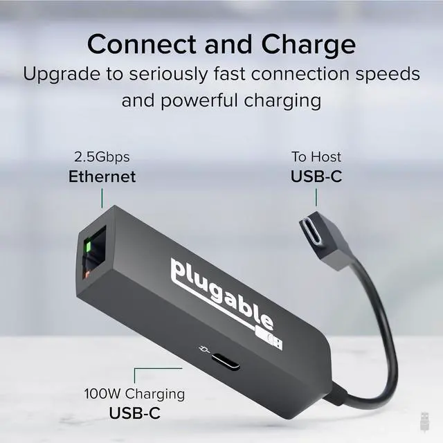 Alt view image 2 of 7 - Plugable USB C to Ethernet Adapter 2.5Gb with 100W USB-C PD Charging, 2.5 Gigabit Type C USB Ethernet Adapter for Windows, MacBook, Chrome, iPad, Surface, XPS, Thunderbolt 4, USB4 (USBC-E2500PD)