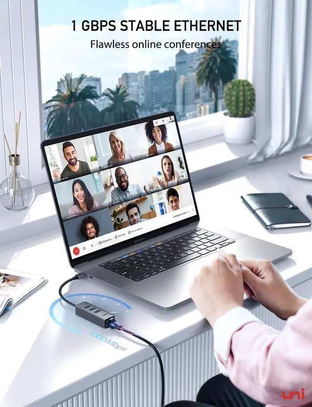 Alt view image 2 of 7 - USB-C to Ethernet Adapter USB C HUB Ethernet 1Gbps with USB 3.0 4IN1 [Thunderbolt 4/3 Compatible] USB C to Network Adapter for MacBook Pro/Air iPad Pro Surface Laptop Chromebook etc