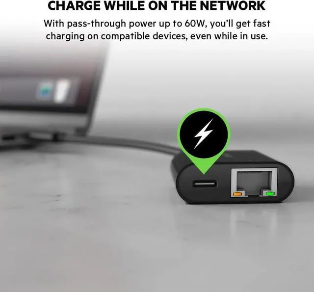 Alt view image 2 of 6 - 60W USB-C to Ethernet + Charge Adapter Cable w/ Gigabit Ethernet Port for High-Speed Network Access - Compatible with USB-C Devices Including MacBook Air MacBook Pro & Windows Laptops - Black