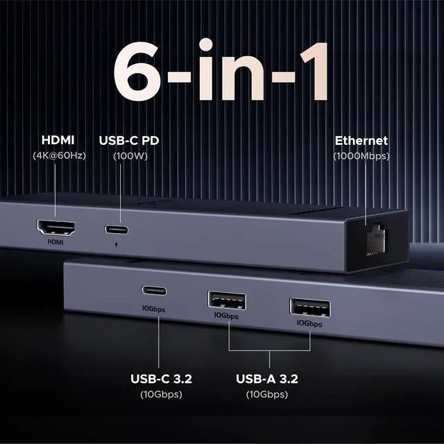 Alt view image 2 of 7 - Revodok Pro 6 in 1 USB C Hub Gigabit Ethernet Adapter with 4K 60Hz HDMI 100W PD Charging 10Gbps USB A&C 3.2 Data Ports Compatible with Mac M1 M2 M3 iPad iPhone 16 Pro/Pro Max Steam Deck