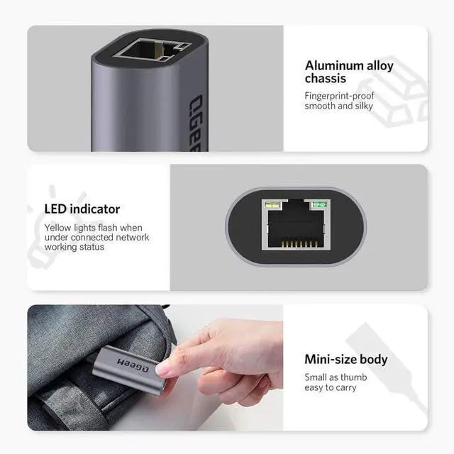 Alt view image 6 of 7 - USB C to Ethernet Adapter Gigabit Ethernet to USB Type C Thunderbolt 3/4 to RJ45 LAN Network Adapter Compatible for iPhone 15 Pro/max MacBook Pro/Air iPad Pro  XPS etc-Classic Gray