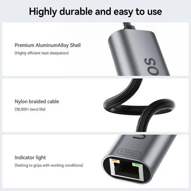 Alt view image 5 of 7 - USB C to Ethernet Adapter 2.5Gbps USB C to RJ45 Ethernet Converter Thunderbolt 4/3 Compatible 2.5G Ethernet Adapter for MacBook iPhone 15/16 Pro Max XPS Surface iPad Pro - Space Gray