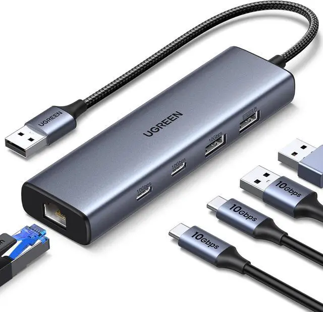 Main image of UGREEN USB to Ethernet Adapter, 5 in 1 USB Hub with Ethernet with 2* USB-C 3.2 (10Gbps) + 1*USB-A 3.2/1*USB-A 2.0/Gigabit RJ45, USB to Network LAN Internet Dongle for Laptop, MacBook Pro/Air, XPS