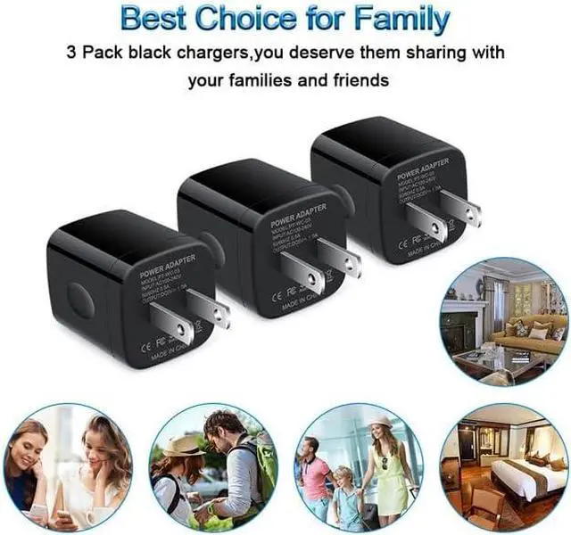 Alt view image 7 of 7 - Wall Charger Cube 1A/5V Single Port USB Plug 3 Pack Travel Black Charging Block Box Adapter Compatible Phone  Galaxy S24 S23 A21 A51 A71 S20 S10 S9 S8 A10e Note20/10 Moto G7 G6 LG Stylo 6/5/4