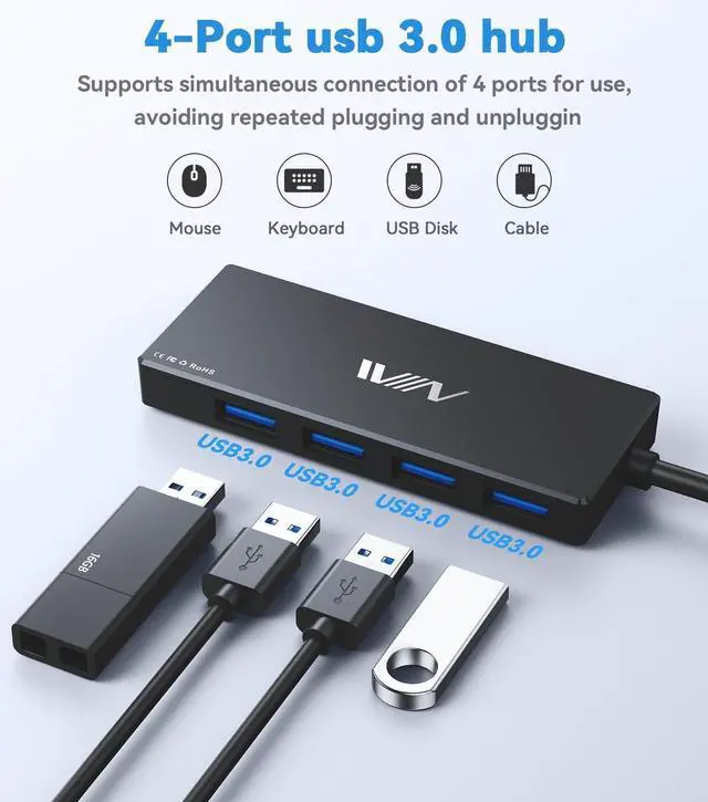 Alt view image 2 of 7 - USB 3.0 Hub 4 Port USB Splitter Extender Portable Adapter Multiport Data Hub for Laptop Xbox Flash Drive HDD Console Camera Keyborad Mouse Windows Mac OS PC Not Designed to Charge Devices-Black