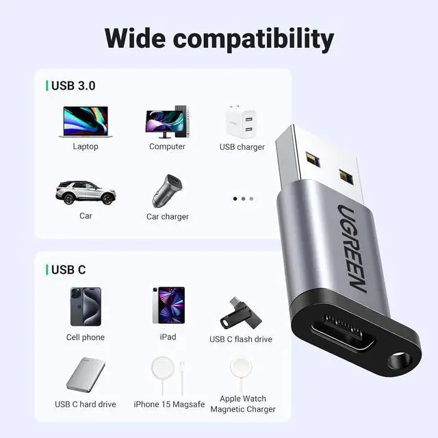 Alt view image 5 of 7 - 10Gbps USB C Female to USB Male Adapter Type C to USB A Charger Cable Converter Compatible with  Watch iPhone 15 14 13 AirPods 3 MacBook  Galaxy Google Pixel etc Gray