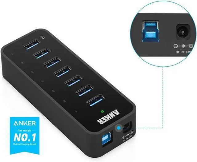 Alt view image 2 of 6 - Powered USB Hub for Laptop 7 Ports USB 3.0 Data Hub with 36W Power Adapter and BC 1.2 Charging Port for iPhone 7/6s Plus iPad Air 2 Galaxy S Series Note Series Mac PC USB-Flash Drives