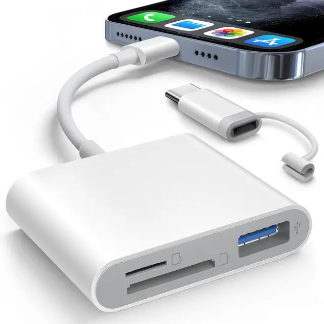 Main image of SD Card Reader for iPhone iPad Built-in Lightening & USB-C Dual Connectors Card Adapter with SD MicroSD USB-A 3 Slots Trail Camera Memory Card Viewer Portable No App Required Plug and Play