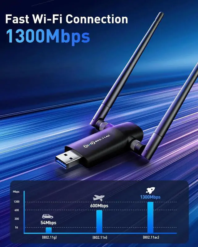 Alt view image 2 of 7 - Wireless USB WiFi Adapter for PC - 1300Mbps Dual 5Dbi Antennas 5G/2.4G WiFi Adapter for Desktop PC Laptop Windows11/10/8/7/Vista/XP Wireless Adapters for Desktop Computer Network Adapters