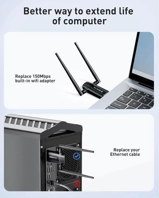 Alt view image 4 of 7 - Wireless USB WiFi Adapter for PC - 1300Mbps Dual 5Dbi Antennas 5G/2.4G WiFi Adapter for Desktop PC Laptop Windows11/10/8/7/Vista/XP Wireless Adapters for Desktop Computer Network Adapters
