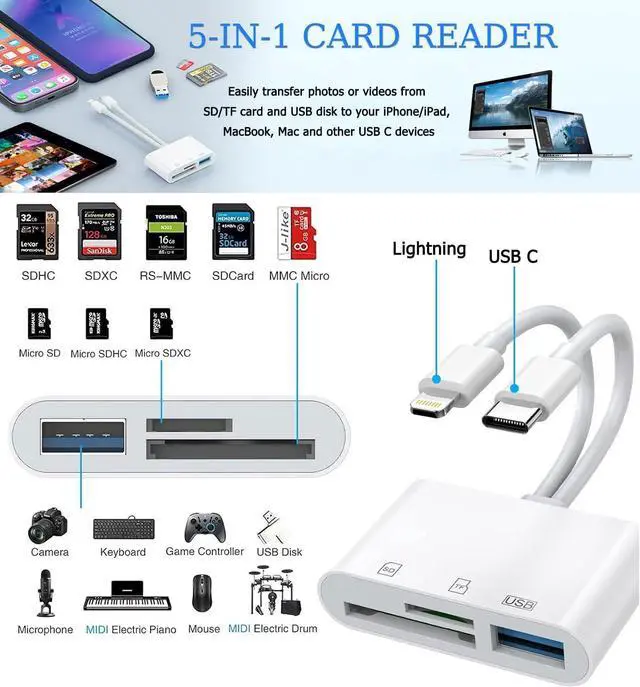 Alt view image 2 of 6 - SD Card Reader for iPhone iPad USB C and Lightning Dual Port SD Card Adapter Memory Card Reader for Camera Adapter Support SD Micro SD USB 3.0 No App Driver Required