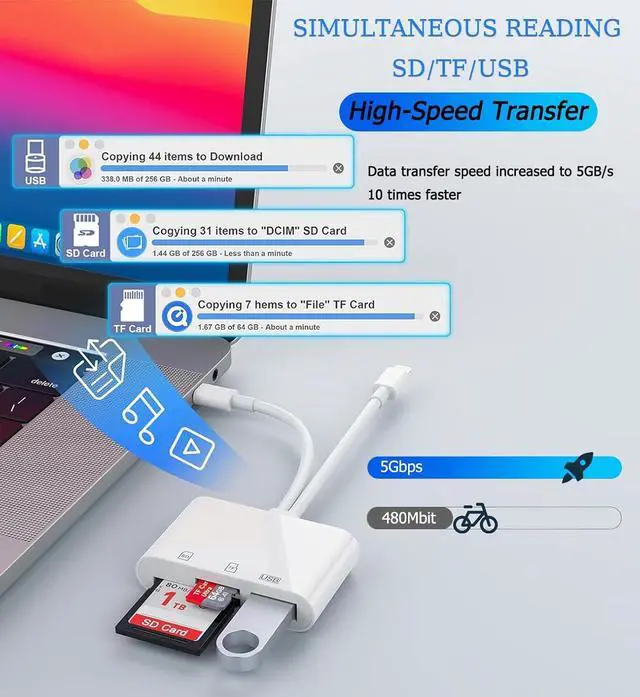 Alt view image 3 of 6 - SD Card Reader for iPhone iPad USB C and Lightning Dual Port SD Card Adapter Memory Card Reader for Camera Adapter Support SD Micro SD USB 3.0 No App Driver Required