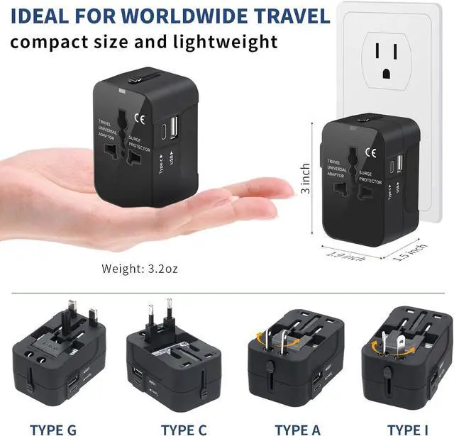 Alt view image 5 of 7 - Travel Adapter with USB C Universal All in One Worldwide Travel Adapter Power Converters Wall Charger AC Power Plug Adapter USB Type C Charging Ports for USA EU UK AUS Black