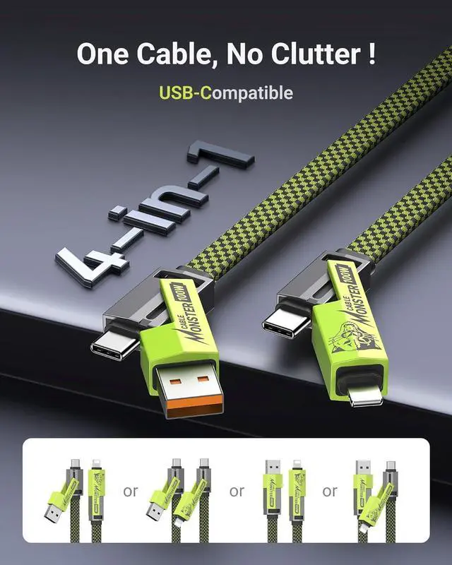 Alt view image 2 of 7 - USB C Cable 4-in-1 USB-C Cable (3ft) 100W C to C Cable Fast Charging with Hook-and-Loop Fastener and Cable Management Universal Charging Cable for MacBook iPad iPhone  Green