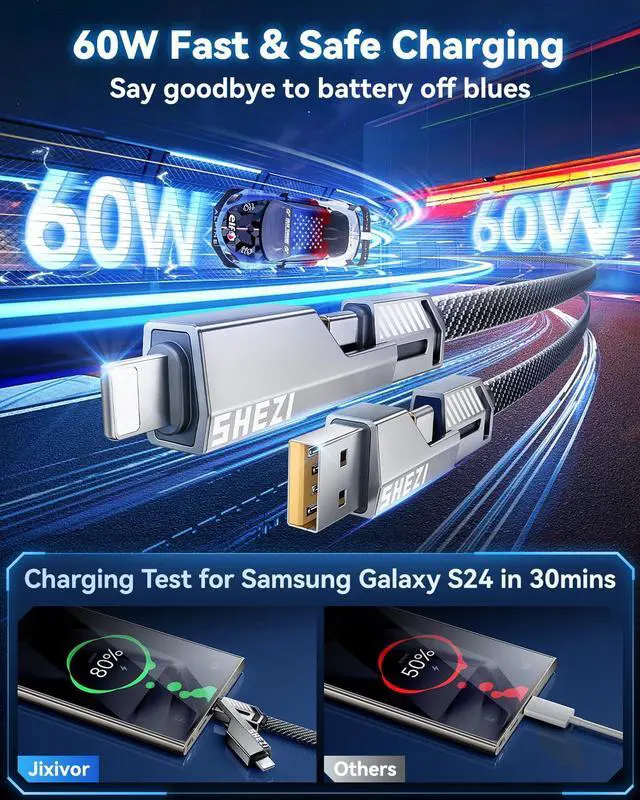 Alt view image 4 of 7 - [One is Enough]4-in-1 USB C to Lightning Cable 60W High-Speed Charging & Fast Data Transfer CarPlay & Android Auto Support Multi Charger Cord Combo Lightning/Type C/USB A for iPhone//iPad 10FT