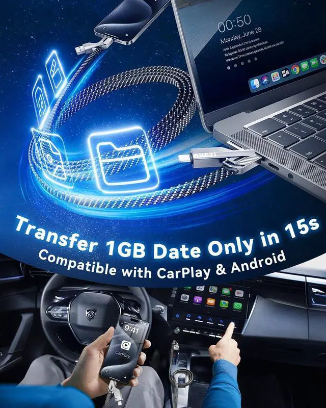 Alt view image 5 of 7 - [One is Enough]4-in-1 USB C to Lightning Cable 60W High-Speed Charging & Fast Data Transfer CarPlay & Android Auto Support Multi Charger Cord Combo Lightning/Type C/USB A for iPhone//iPad 10FT