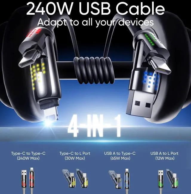 Alt view image 2 of 7 - 240W 4 in 1 USB C Cable 6.6FT USB Cable with Breathing Light Fast Charging & Data Sync Silicone Multi Charging Cable for iPhone iPad  Laptop Multi Device Charging Black