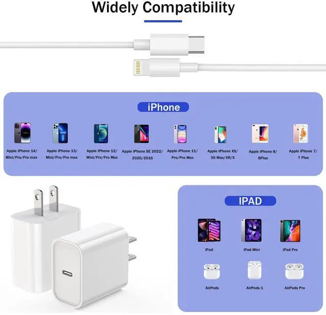 Alt view image 6 of 7 - MFi CertifiedFast Charger iPhone Fast iPhone Charging Cord 3Pack iPhone Charger Fast Charging Plug Block 6FT USB C to Lightning Cable for iPhone 14/14 Pro Max/Plus/13 Mini/12/11/XR/XS AirPods