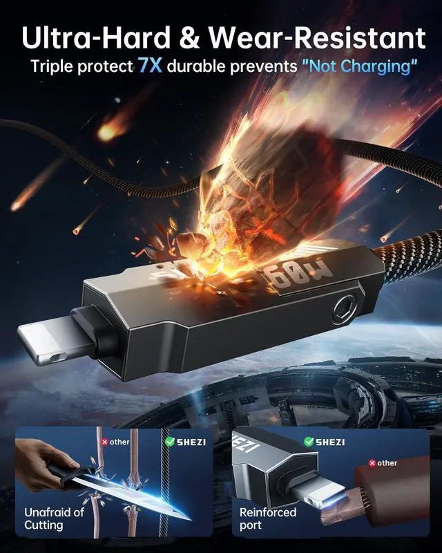 Alt view image 7 of 7 - [Upgraded 4 in 1 60W 10FT USB C Cable Lightning Cable Nylon Braided Fast Charging iPhone iPad Charger Cord [480Mbps Data Sync] Multi Charging Cable with Lightning/Type C/USB A Grey