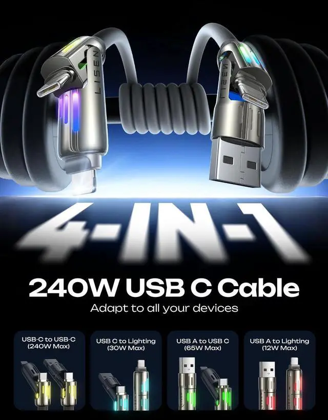 Alt view image 2 of 7 - USB C to USB C 240W 4 in 1 Charging Cable 6.6FT Chubby Type C/A to C/Lightning Cable with Light for iPhone 16e 16 15 14 Pro/MacBook/iPad/ S25/Switch PS5 Multi Chargers for All Devices