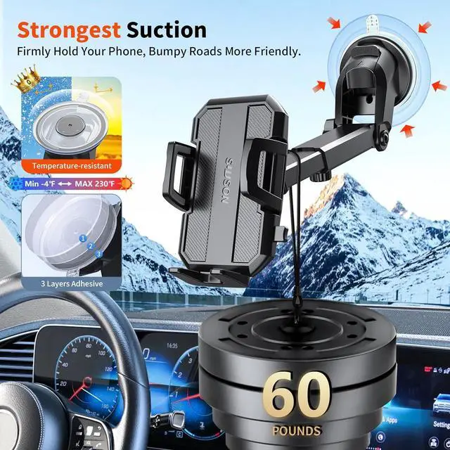 Alt view image 3 of 7 - Upgraded 3-in-1 Car Phone Holder Mount [Powerful Suction] Phone Mount for Car Dashboard Air Vent Windshield for All iPhone Android Phone (Black)
