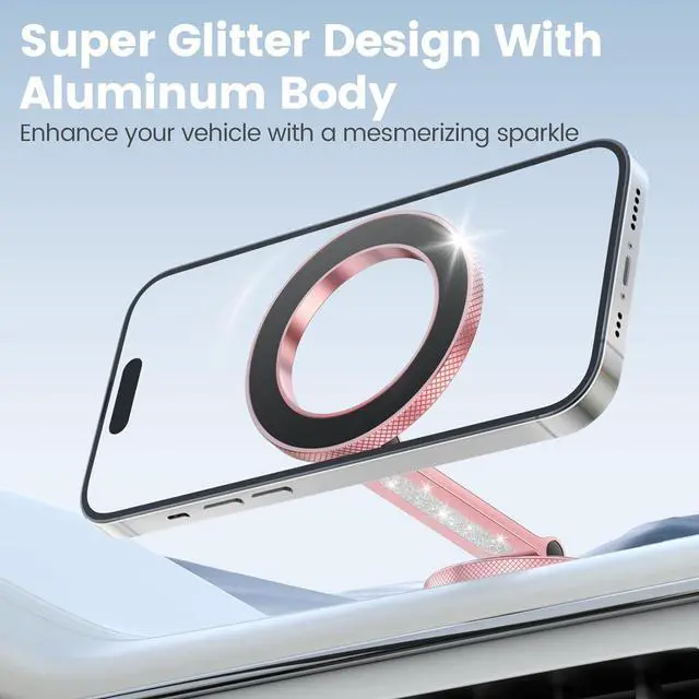 Alt view image 2 of 6 - for MagSafe Car Mount, Magnetic Phone Holder for Car, Car Phone Holder for Dashboard and Tesla Screen, Made of Aluminum Alloy. (Glitter Pink)