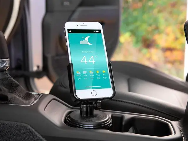 Alt view image 3 of 7 - CupFone C Adjustable Universal Cup Holder Phone Mount Accessory for Car C Compatible with iPhone & Other Smartphones C Open Access Design for Cell Phone Charging - Black Plastic Knobs